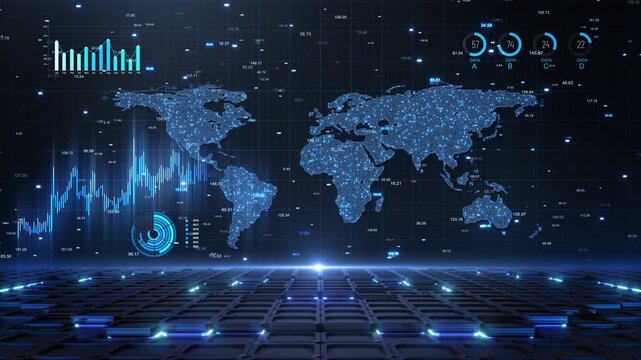 Continents numeric readouts perspective floor square tiles, alongside charts circular indicators. digital world map animation global business analytics, financial reporting international market data.