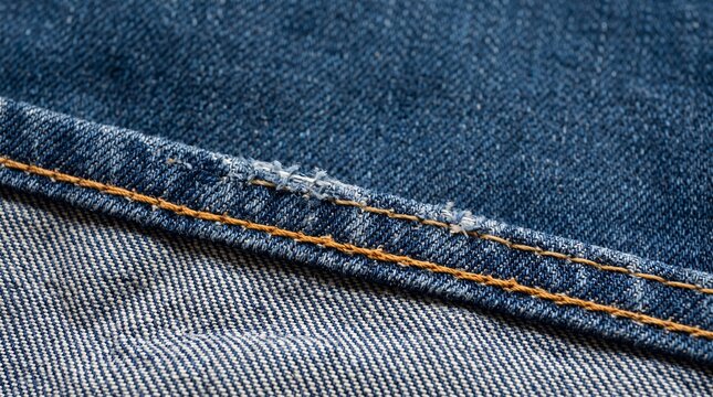 Heavy Denim Garment Edge Double Orange Stitching Fold Thick Blue Twill Fabric Wear Fraying Hem Garment Construction Texture