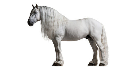 Majestic white Andalusian horse with long flowing mane and muscular physique © Bastien