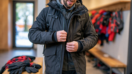 Obraz premium Person fastening a warm winter jacket before leaving home, gloves and scarf resting on a hallway bench, cold daylight entering through the doorway, seasonal clothing preparation, realistic lifestyle