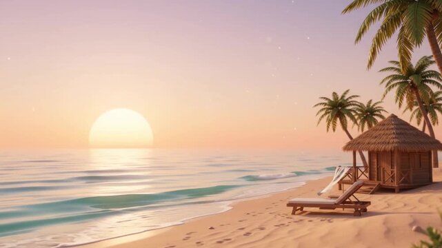 A peaceful tropical beach at sunset featuring golden sand, swaying palm trees, a thatched hut, and lounge chairs beside calm ocean waves.