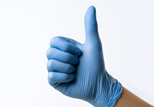Close-up shot of a hand in a blue medical nitrile glove giving a thumbs up gesture on a white background, representing health approval, successful surgery, safety, and healthcare agreement.