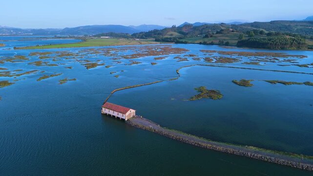 Aerial drone view of the marshes in Escalante in the Marismas de Santo&ntilde;a, Victoria y Joyel Natural Park. Cantabrian Sea. Santo&ntilde;a, Cantabria, Spain, Europe