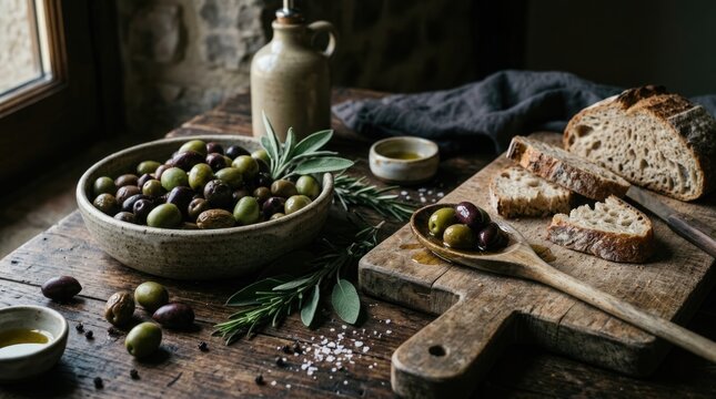 Rustic still life featuring a bowl of olives crusty bread and olive oil in a dimly lit setting
