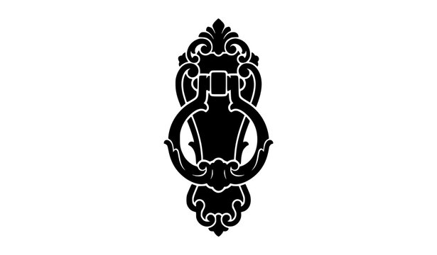 Black ornate door knocker vector silhouette with decorative scrollwork and round ring, vintage classic entrance hardware illustration isolated on white background