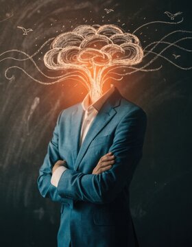 Man with exploding chalk head and birds on blackboard