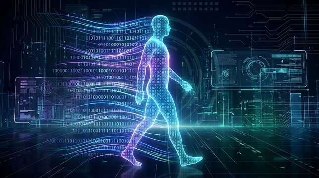 Digital human silhouette walking through a futuristic cybernetic data stream with binary code and circuit