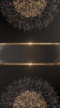 Mandala ornaments frame background, warm gold particles, arcs glowing parallel borders. A wide blank provides space for wedding invitations, festive greetings elegant celebration titles video projects