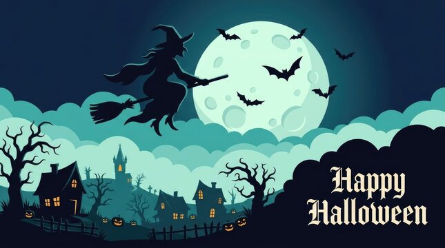Witch flying on broomstick under a full moon with Halloween village