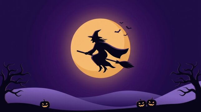 Witch flying on broomstick under a full moon at night
