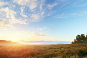 Obraz premium Golden sunrise over a misty meadow with distant trees and blue sky