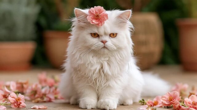 Grumpy White Persian Kitten with Flower Petal