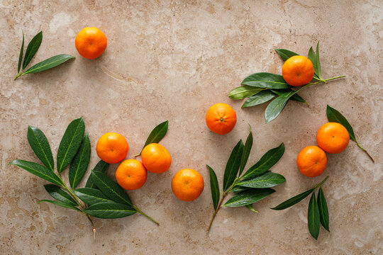 Mandarins fresh citrus fruit with green leaves