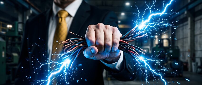 Businessman holding bare electrical wires with sparks of electricity flowing through them in industrial facility.