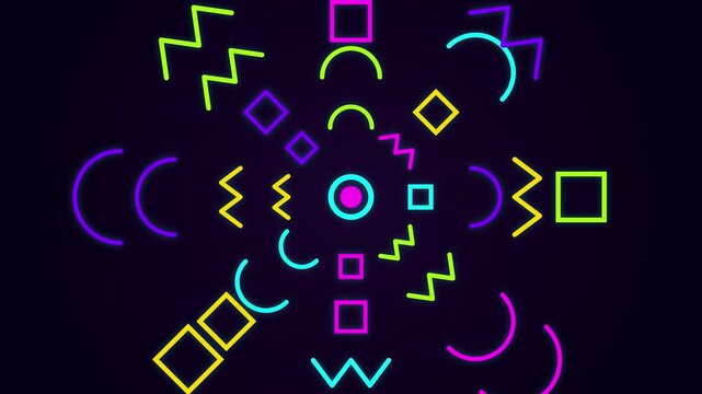 Multiple Colorful Neon Memphis Style Geometric Shapes Arranged in a Circular Pattern on a Dark Purple Background Retro 80s 90s Aesthetic for Motion Design