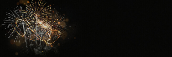 New Year banner with golden and silver fireworks, sparklers, glowing golden light trails, smoke and warm bokeh on black night background with large empty copy space for text and greetings © ale studio 