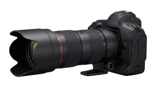 Professional DSLR camera with a large black telephoto zoom lens and lens hood isolated on a white background