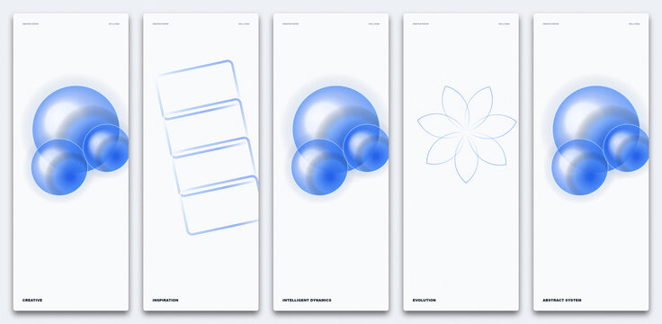 Minimalist interface UI kit showcases bright blue glossy spheres and linear flower icons on a clean background.