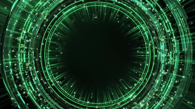 Luminous green circular bands form bold ring dim Cubes, particles radial light accents add depth abstract technology visual, suitable for futuristic titles, interface concepts creative projects.