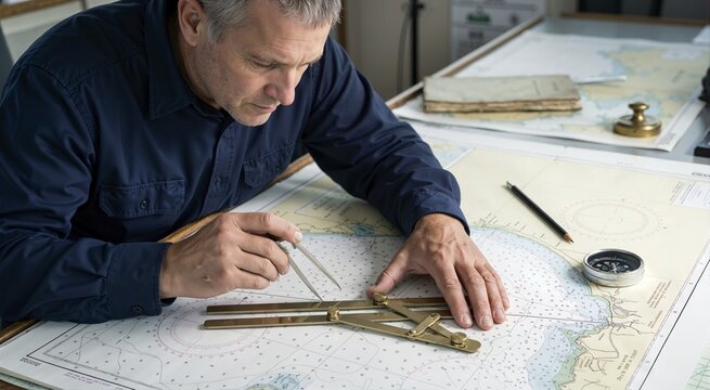 Parallel ruler on marine navigation chart. Maritime equipment and vessel operations