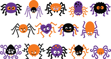 Fototapeta premium A collection of cute pixel art spiders for a festive halloween vector design set on white background