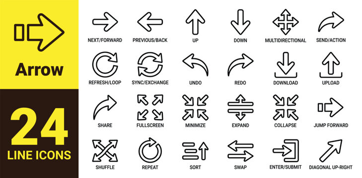 Arrow icon set featuring next forward, undo redo, download upload, multidirectional, fullscreen minimize, shuffle repeat, sort swap, enter submit line vector symbols for app design.
