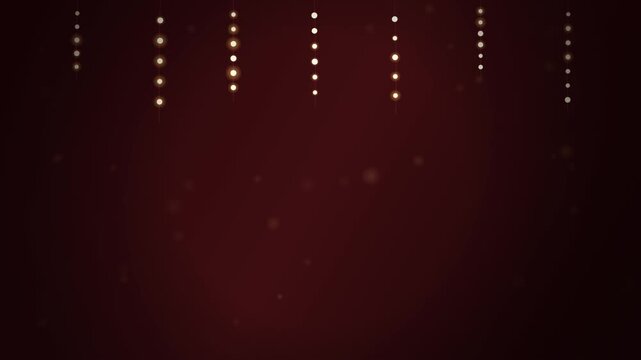 Luxurious holiday greeting background featuring descending hanging fairy lights followed by elegant MERRY CHRISTMAS gold typography in a seamless loop.