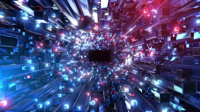 Reflective rectangular bars and cubes tunnel deep perspective central opening. Blue highlights give this geometric background a futuristic look for technology titles, virtual environments game videos.