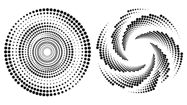 Abstract halftone dot spiral and circular patterns on white background with dotted pattern