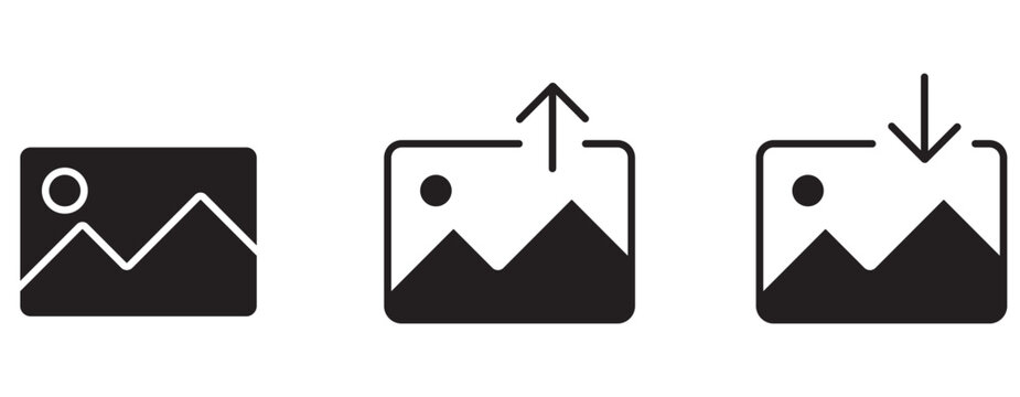 Minimalist image upload download vector icon set, black picture gallery graphic symbols for mobile app user interface design