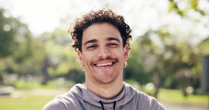 Fitness, face and man outdoor with laugh, positive attitude and workout hobby on weekend break. Happy, bokeh and athlete in park with joke reaction, confidence and good mood in training activity.