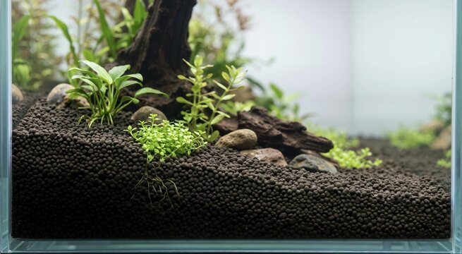 Dark soil substrate beneath plants in a freshwater aquarium. Aquarium habitat and fishkeeping