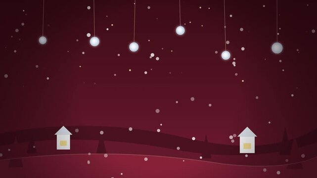 Whimsical layered 2D cutout paper art holiday background featuring descending hanging white Christmas baubles, snowy white houses, falling snow, and glowing white Trajan Pro typography in a seamless l