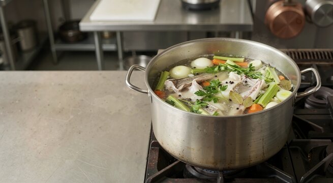 Fish stock simmering with bones and vegetables. Seafood and culinary preparation