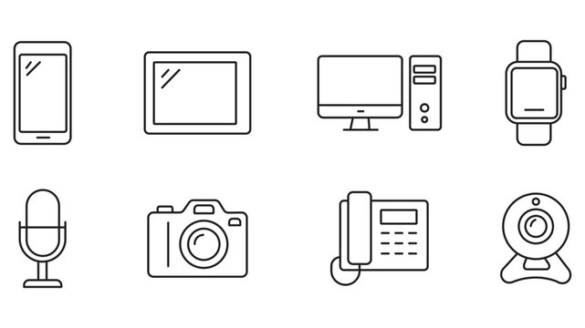 Minimalist technology icon set vector, electronic gadget line art symbols, modern digital devices outline icons for UI design