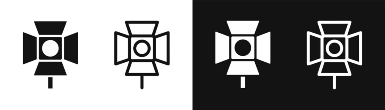 Studio spotlight with barn doors icon set for video and photo production