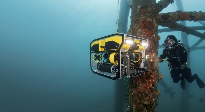 Underwater drone inspecting a submerged marine structure beside a diver. Underwater diving equipment and exploration
