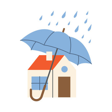 house protected with umbrella from rain; home safety, protection, shelter, security, insurance and residential care - vector illustration