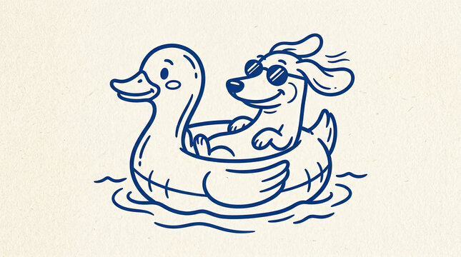 Vector drawn art sketch of a cool dog wearing sunglasses floating on a duck ring
