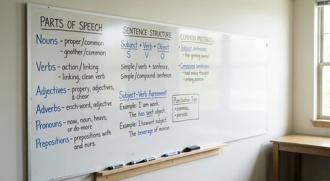 Grammar rules written on whiteboard. Language learning and classroom teaching