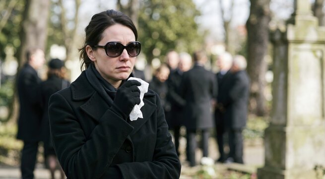 Crying mourner wearing sunglasses and holding a tissue. Funeral remembrance and mourning