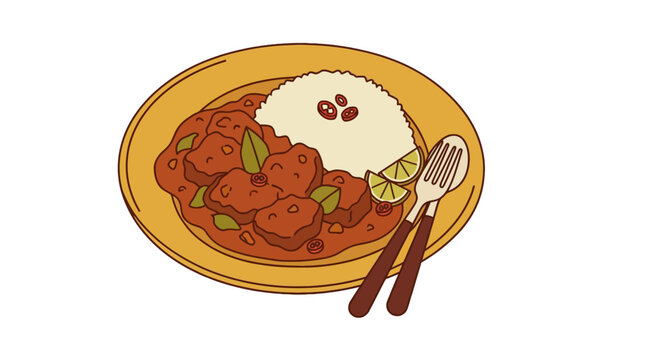 Indonesian beef rendang served with white rice on a plate