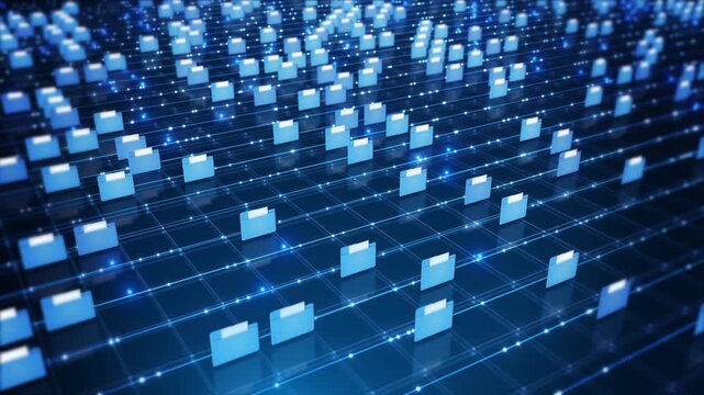 Blue document folders ordered rows network nodes grid. file organization concept for digital archives, shared storage, information management, office workflows enterprise technology video backgrounds.