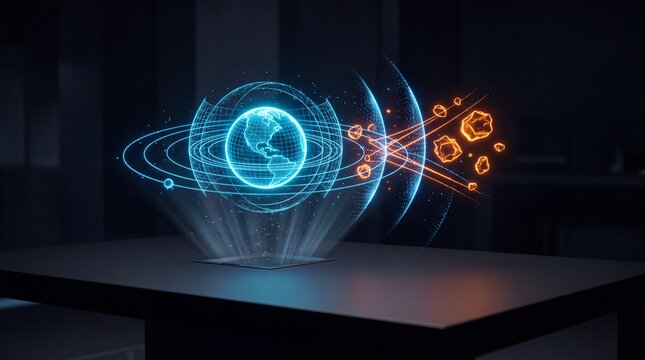 Planetary defense asteroid deflection system hologram projected on black matte table