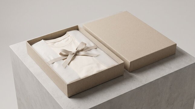 Open cardboard gift box containing neatly folded clothing tied with a ribbon on a modern pedestal