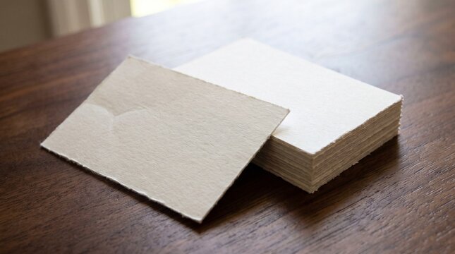 Blank handmade deckle edge paper cards stack on wooden table for stationery design