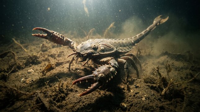Prehistoric Eurypterid sea scorpion crawling on murky underwater riverbed with large claws, 3D paleoart.
