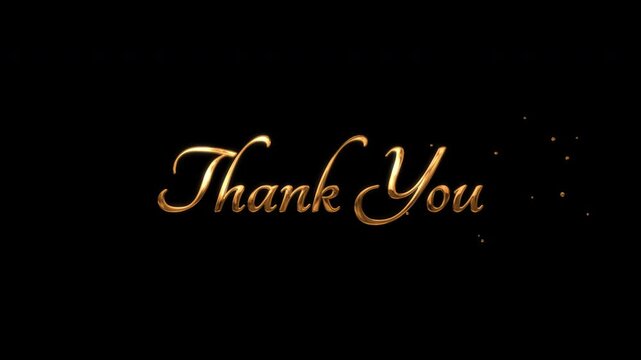 Elegant thank you text in gold cursive on black background with floating glitter particles. Perfect for classy thank you cards.