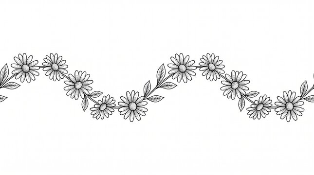 A black-and-white line art continuous wavy border featuring blooming daisy flowers linked with green leaves along a rhythmic, undulating stem.