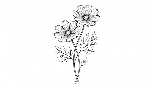 A clean black-and-white line art illustration depicting two open cosmos flowers on slender stems with feathery leaves, isolated on white background.